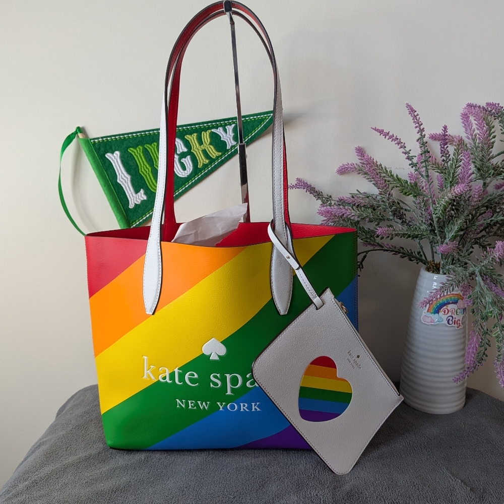kate spade rainbow stripe tote with white wristlet